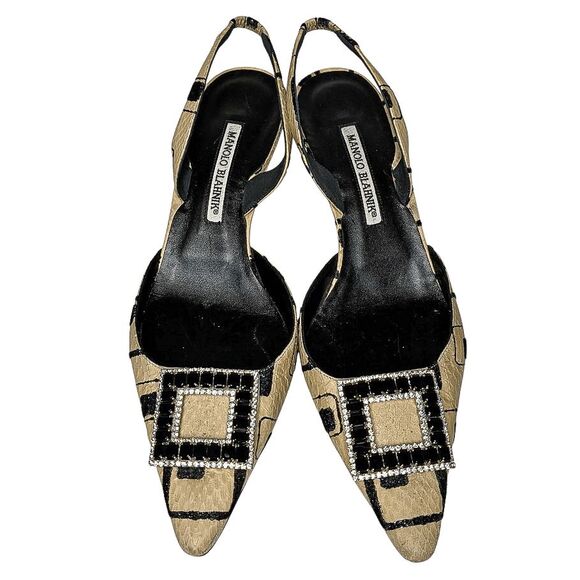 Manolo Blahnik Slingback Snakeskin Heels Black Crystal Buckle Beige Print 39.5 - Picture 2 of 13